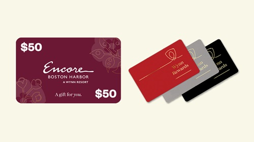 An Encore Boston Harbor gift card is shown next to the Wynn Rewards Member cards