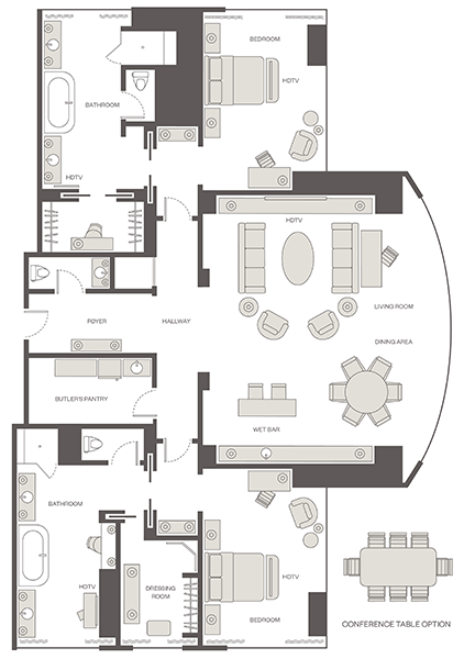 Floor plan for the 2 Bedroom Residence at Encore Boston Harbor